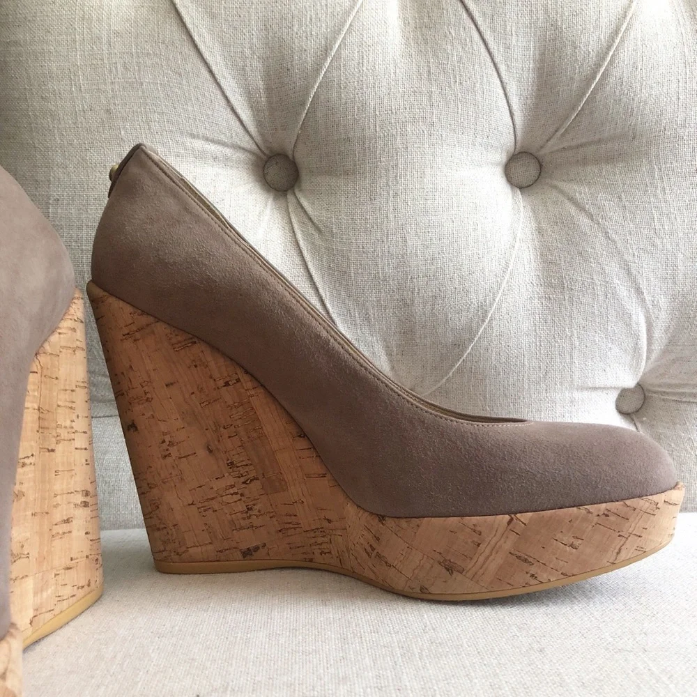 Stuart Weitzman Taupe Suede Cork Platform Wedges